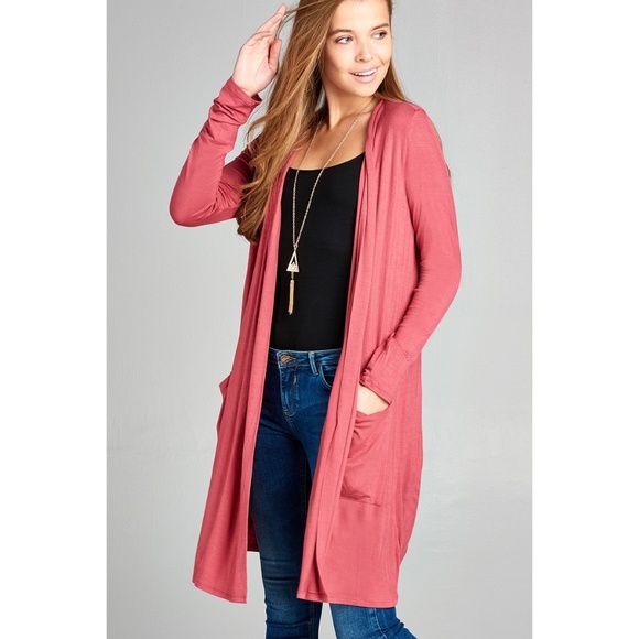 Sweaters - Raspberry Pink Long Sleeve Draped Pocket Cardigan